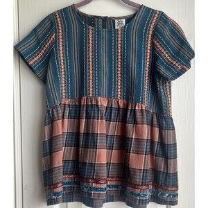 Ivy Jane Top Womens  S Teal Orange Plaid Embroidered Pullover Short Sleeve Boho